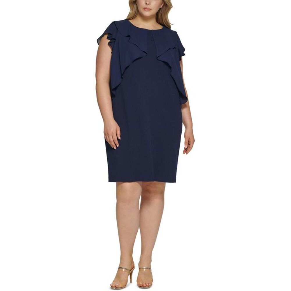 DKNY Womens Georgette Navy Ruffled Midi Cocktail Sheath Dress Plus NWOT